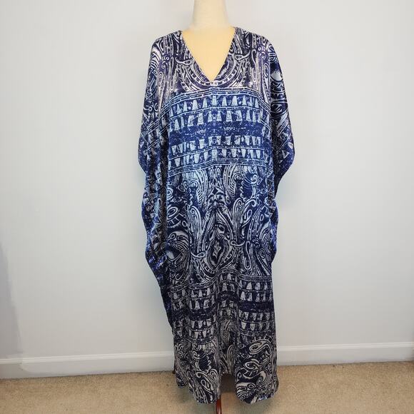 Vintage Winlar Satin Kaftan Moo Moo Mumu Porch Dress Blue Geometric One Size - Picture 1 of 9